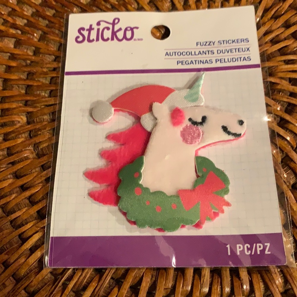 ⭐️ $1 if bundled STICKO Holiday Unicorn Fuzzy Sticker Unicorn with Santa hat NWT